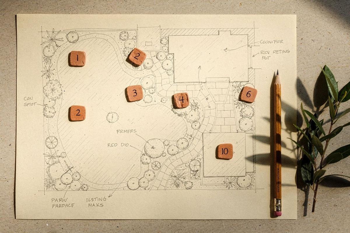 Annotated garden site plan on paper with measured zone markers and planting notes