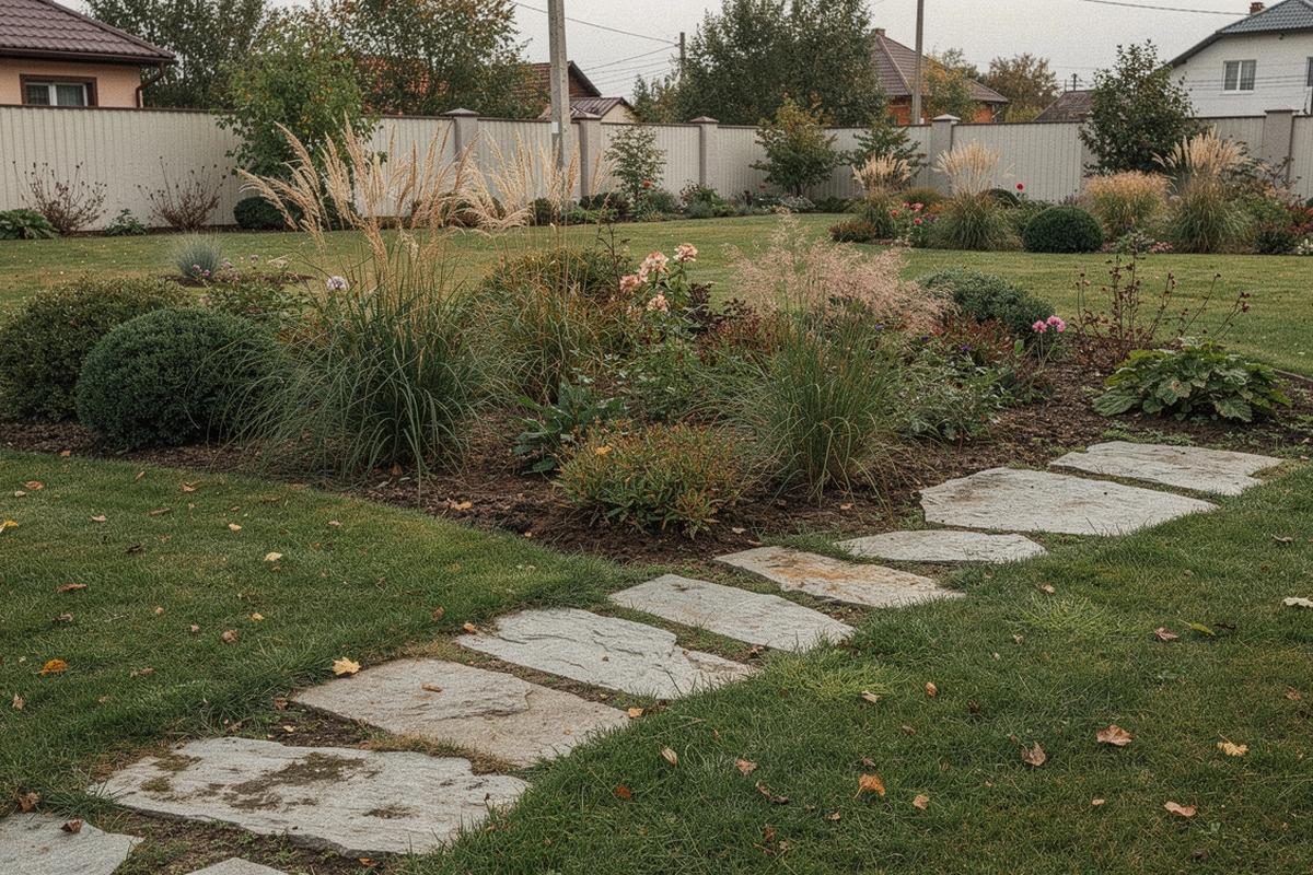Clipped lawn edge, planting band and stone path on a residential garden plot near Kyiv
