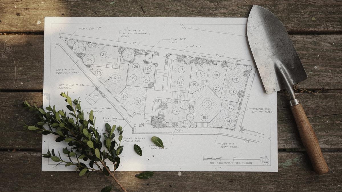 Printed garden plan sheet with numbered zone markers resting on a planted border of grasses and shrubs